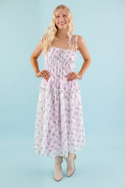 Lavender Floral Midi Dress- Dainty Flower Print Dress- Storia Midi Dress