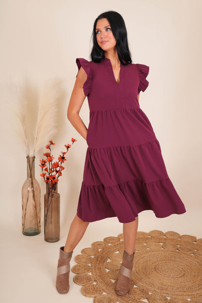 Women's Purple Midi Dress- Tiered Ruffle Midi Dress- Entro Ruffle Midi Dress