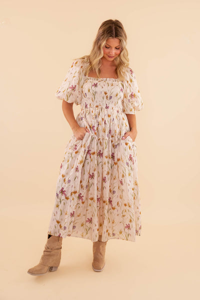 Floral Smocked Midi Dress- Women's Cotton Midi Dress- Aureum Floral Midi Dress