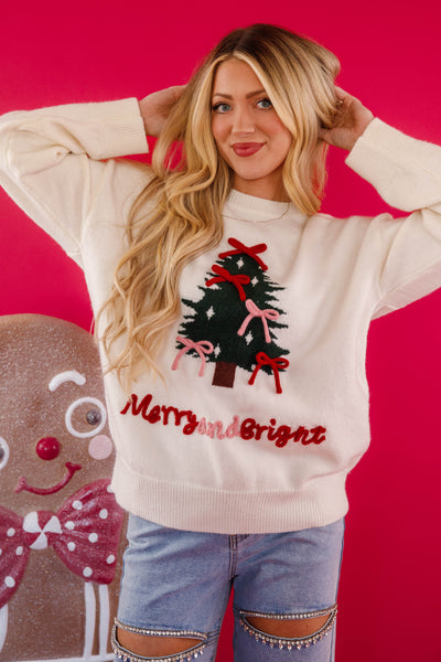 Merry and Bright Christmas Sweater- Christmas Tree Sweater with Bows- Le Lis Christmas Sweater