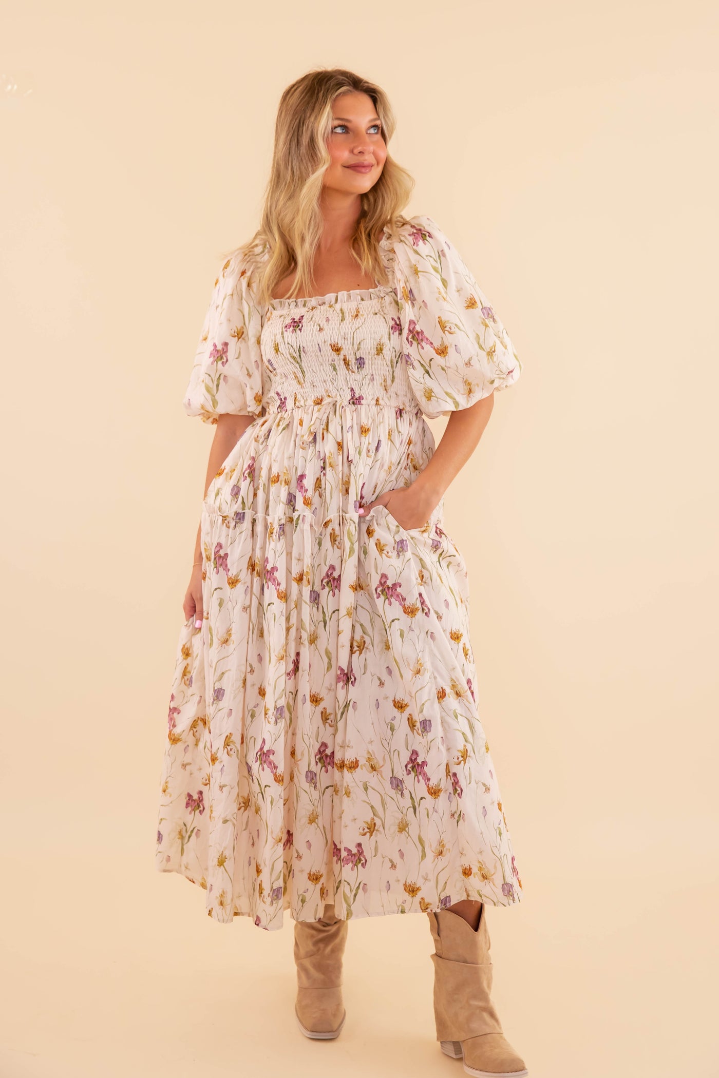 Floral Smocked Midi Dress- Women's Cotton Midi Dress- Aureum Floral Midi Dress