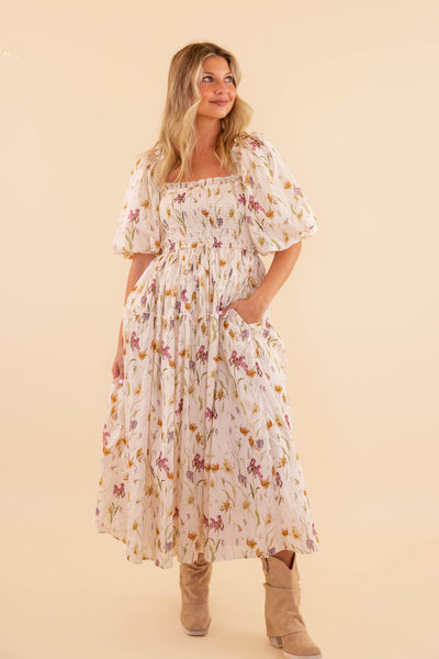 Floral Smocked Midi Dress- Women's Cotton Midi Dress- Aureum Floral Midi Dress