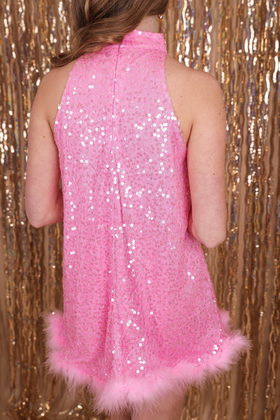 Hot Pink Feather Dress- Women's Pink Sequin Dress- Sequin Feather Dress