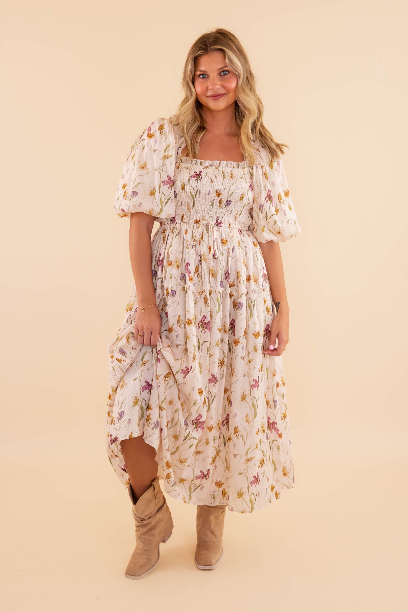 Floral Smocked Midi Dress- Women's Cotton Midi Dress- Aureum Floral Midi Dress