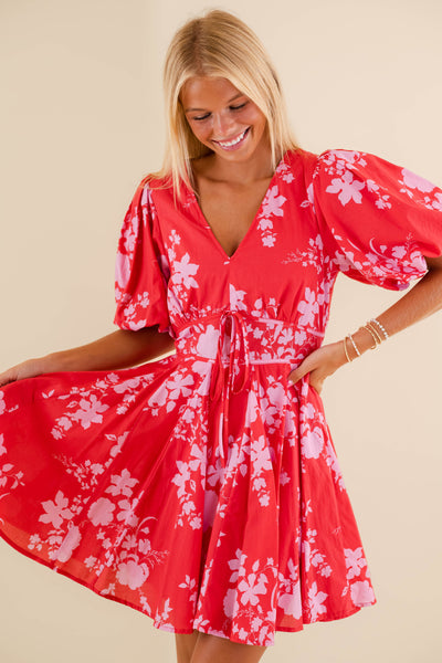 Red and Pink Mini Dress- Women's Preppy Puff Sleeve Dress- Fate Dresses