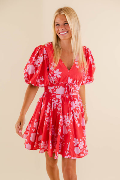 Red and Pink Mini Dress- Women's Preppy Puff Sleeve Dress- Fate Dresses