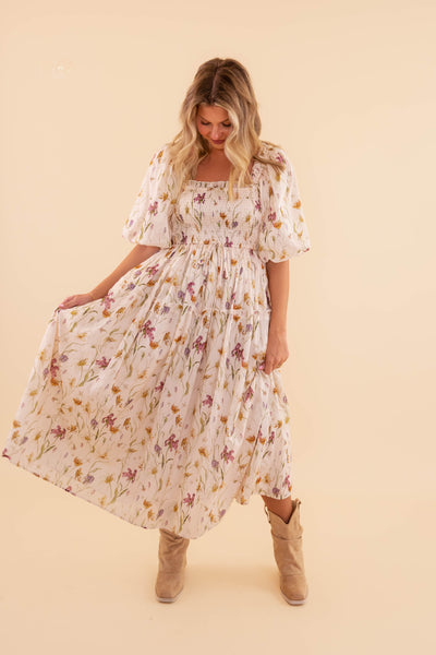 Floral Smocked Midi Dress- Women's Cotton Midi Dress- Aureum Floral Midi Dress