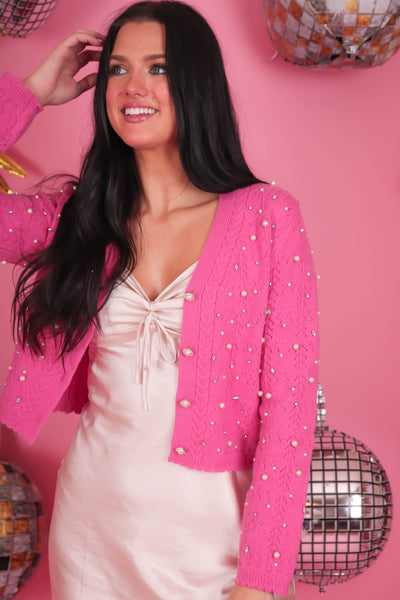 Women's Rhinestone and Pearl Cardigan- Women's Hot Pink Pearl Cardigan- Strut & Bolt Cardigan