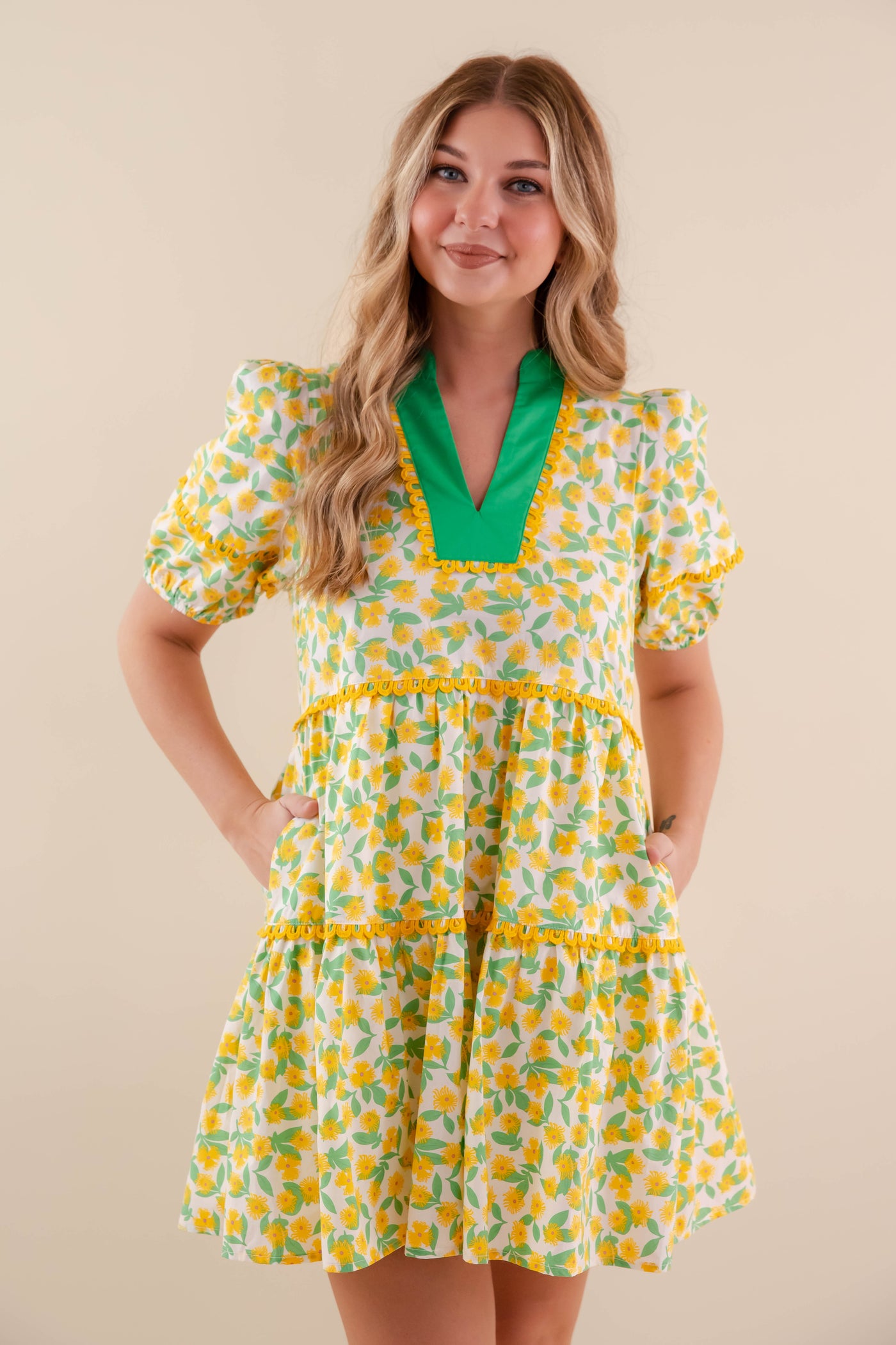 Yellow Floral Print Dress- Women's Yellow Cotton Dress- Entro Women's Dresses