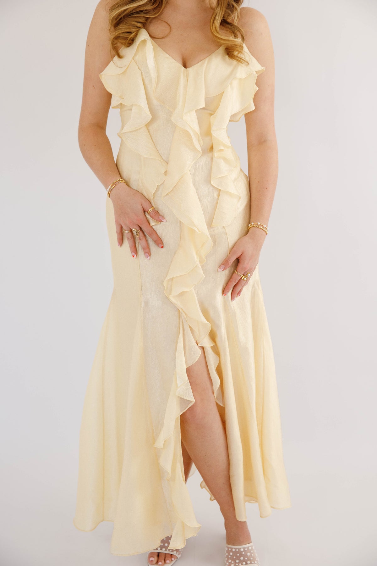 Butter Yellow Ruffle Maxi Dress- Women's Pale Yellow Cocktail Dress- Wedding Guest Dresses Medium