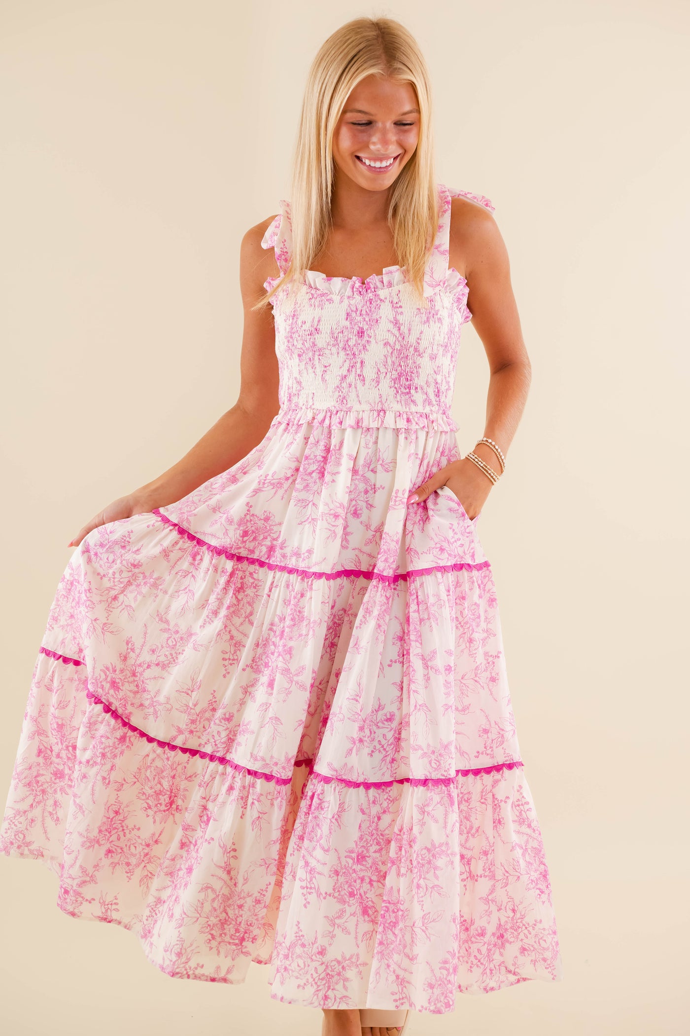 Pink Floral Tiered Midi Dress- Preppy Midi Dresses- &Merci Midi Dress