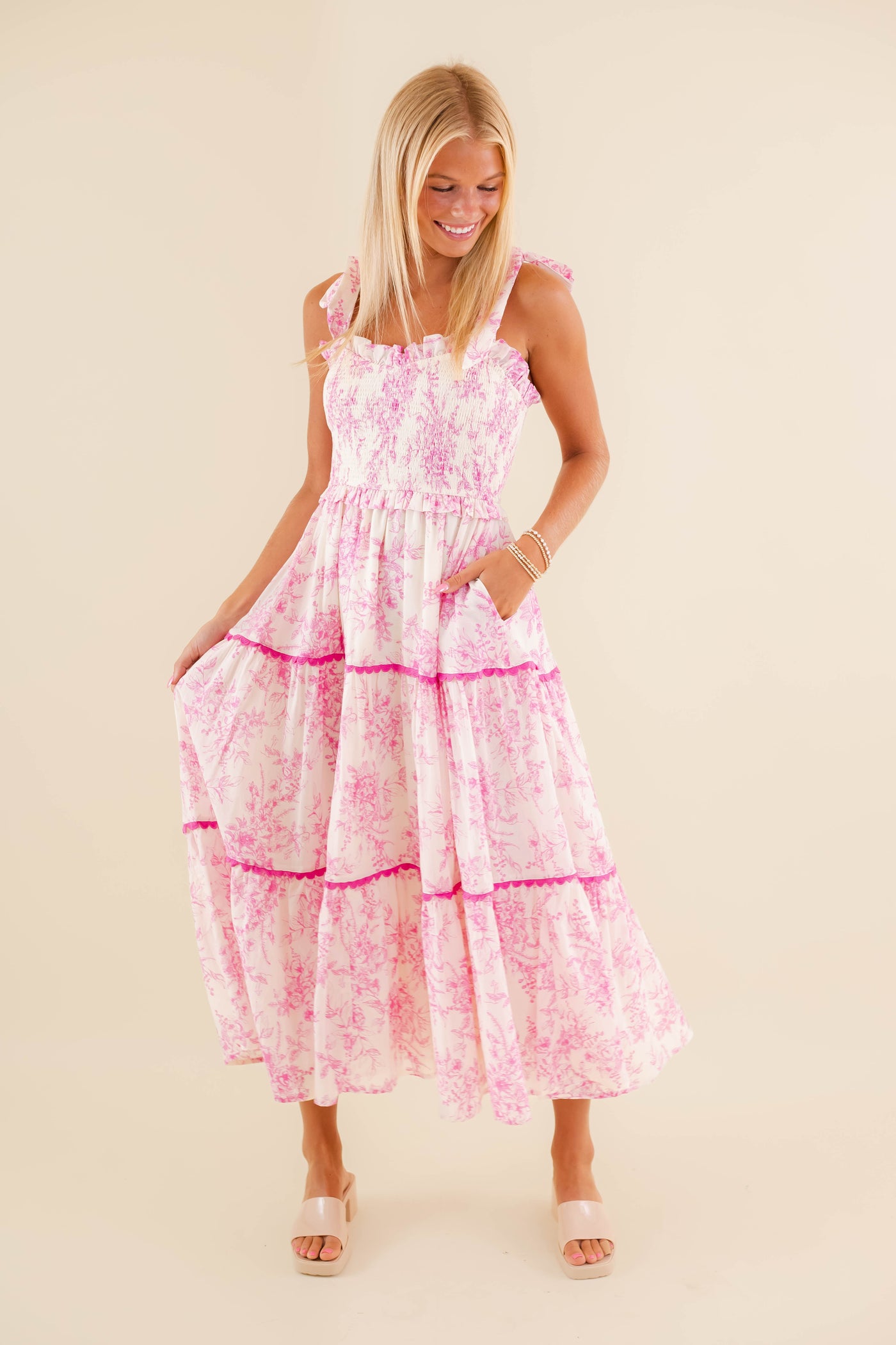 Pink Floral Tiered Midi Dress- Preppy Midi Dresses- &Merci Midi Dress