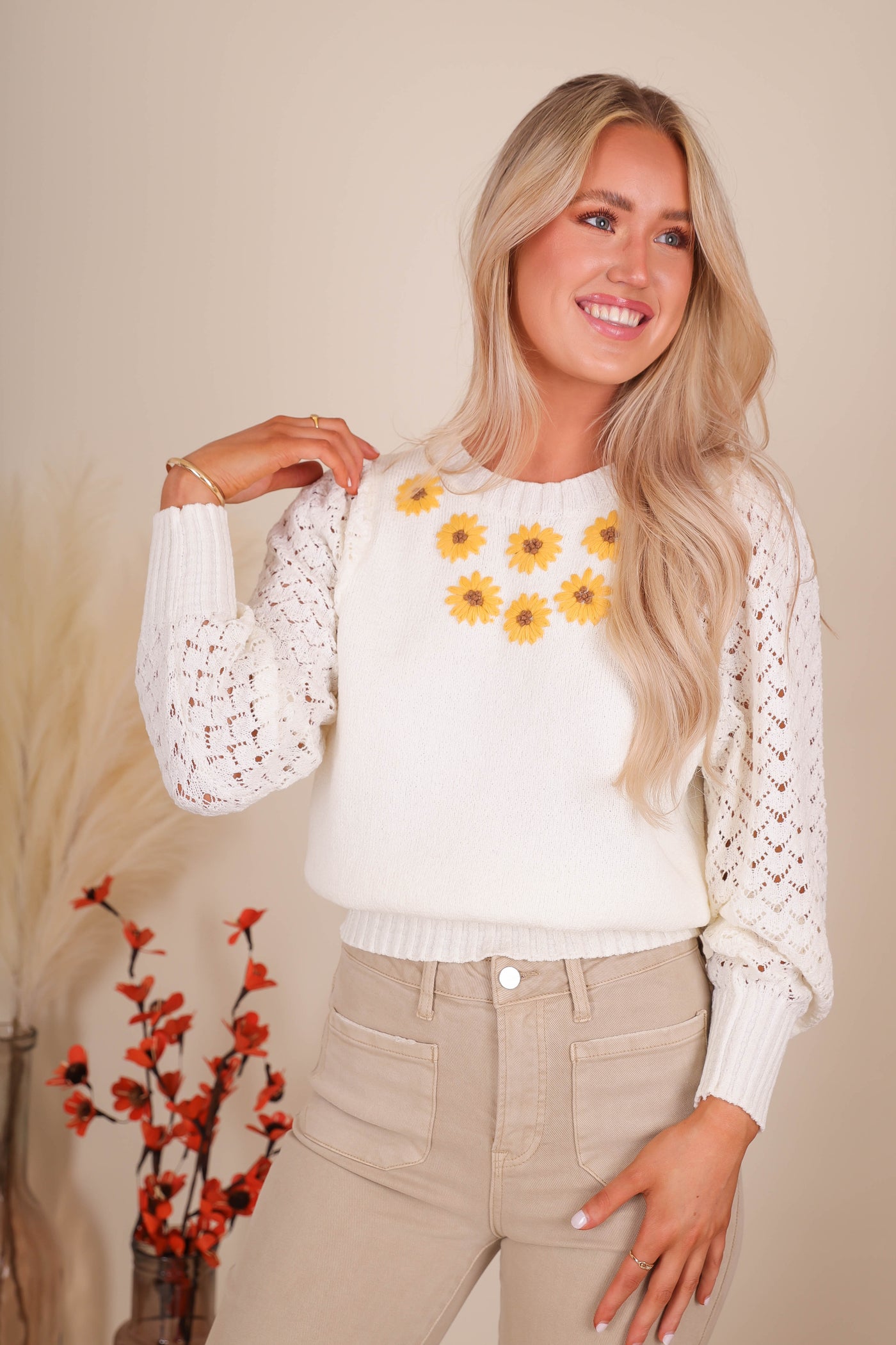 Women's Daisy Sweater- Women's Embroidered Flower Sweater- Women's Preppy Sweaters