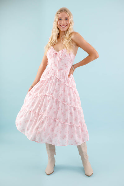 Vintage Floral Print Dress- Women's Pink Ruffle Dress- LoveShack Dresses