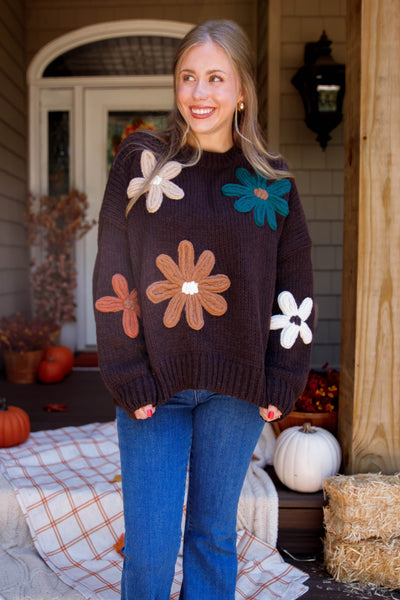 Women's Oversized Knit Sweater- 3D Knit Flower Sweater- Women's Brown Oversized Sweater