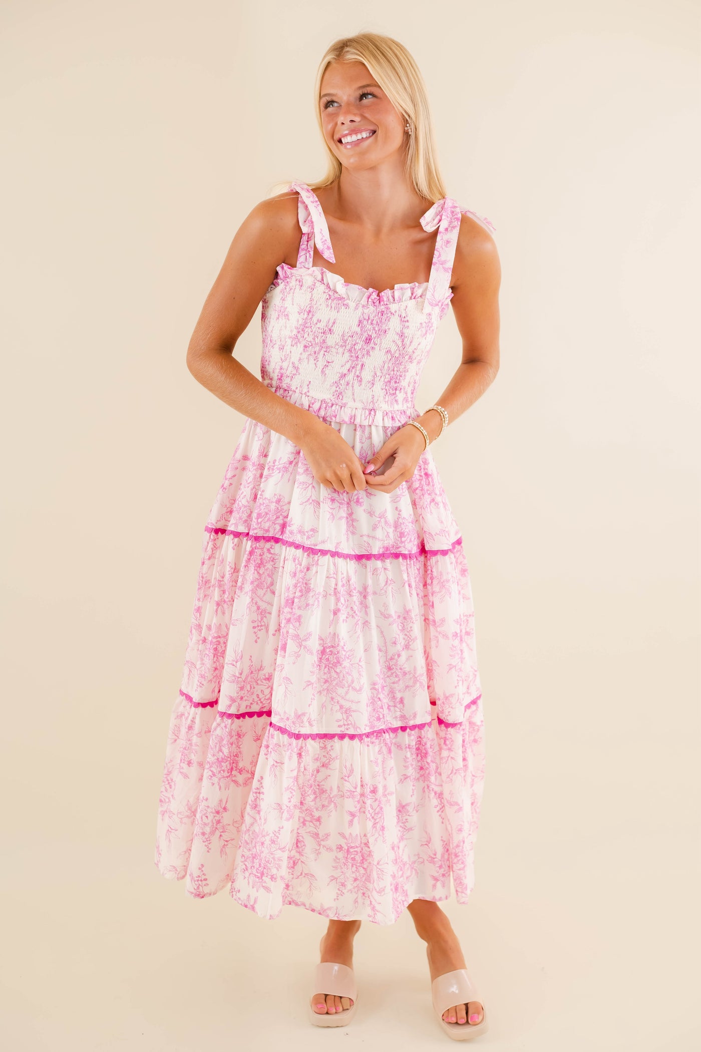 Pink Floral Tiered Midi Dress- Preppy Midi Dresses- &Merci Midi Dress