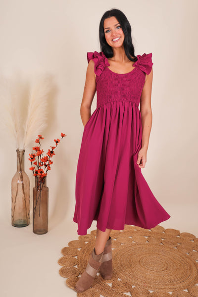 Ruffle Shoulder Smocked Dress- Women's Conservative Dresses- Entro Midi Dresses