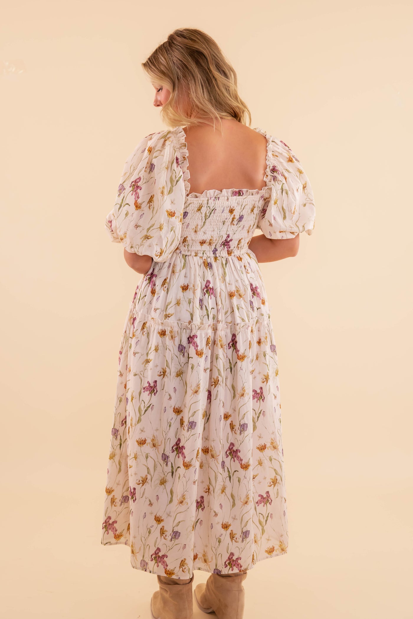 Floral Smocked Midi Dress- Women's Cotton Midi Dress- Aureum Floral Midi Dress