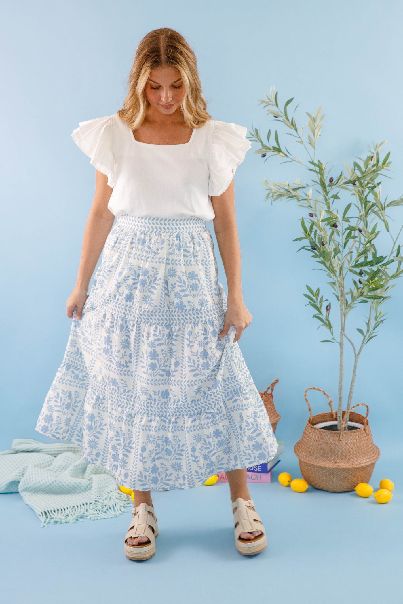 Women's Blue Floral Maxi Skirt- Blue and White Print Skirt- Women's Vacation Outfits