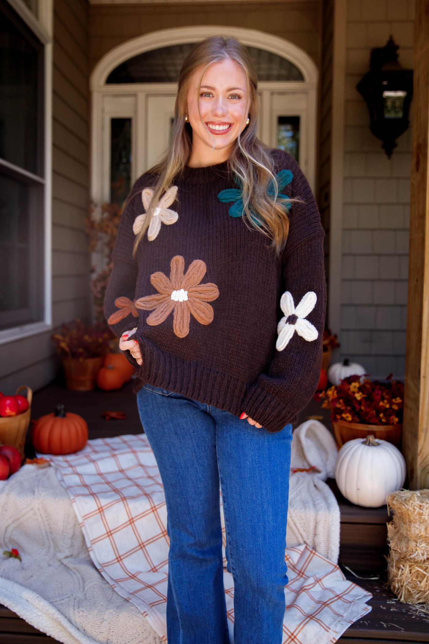 Women's Oversized Knit Sweater- 3D Knit Flower Sweater- Women's Brown Oversized Sweater