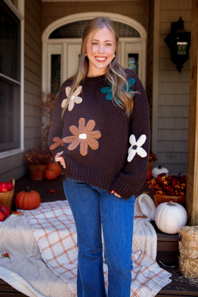 Women's Oversized Knit Sweater- 3D Knit Flower Sweater- Women's Brown Oversized Sweater