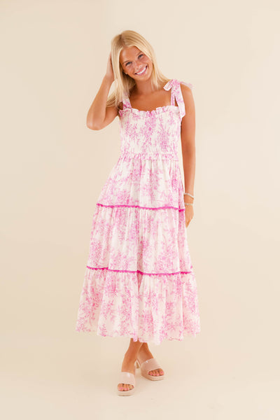 Pink Floral Tiered Midi Dress- Preppy Midi Dresses- &Merci Midi Dress