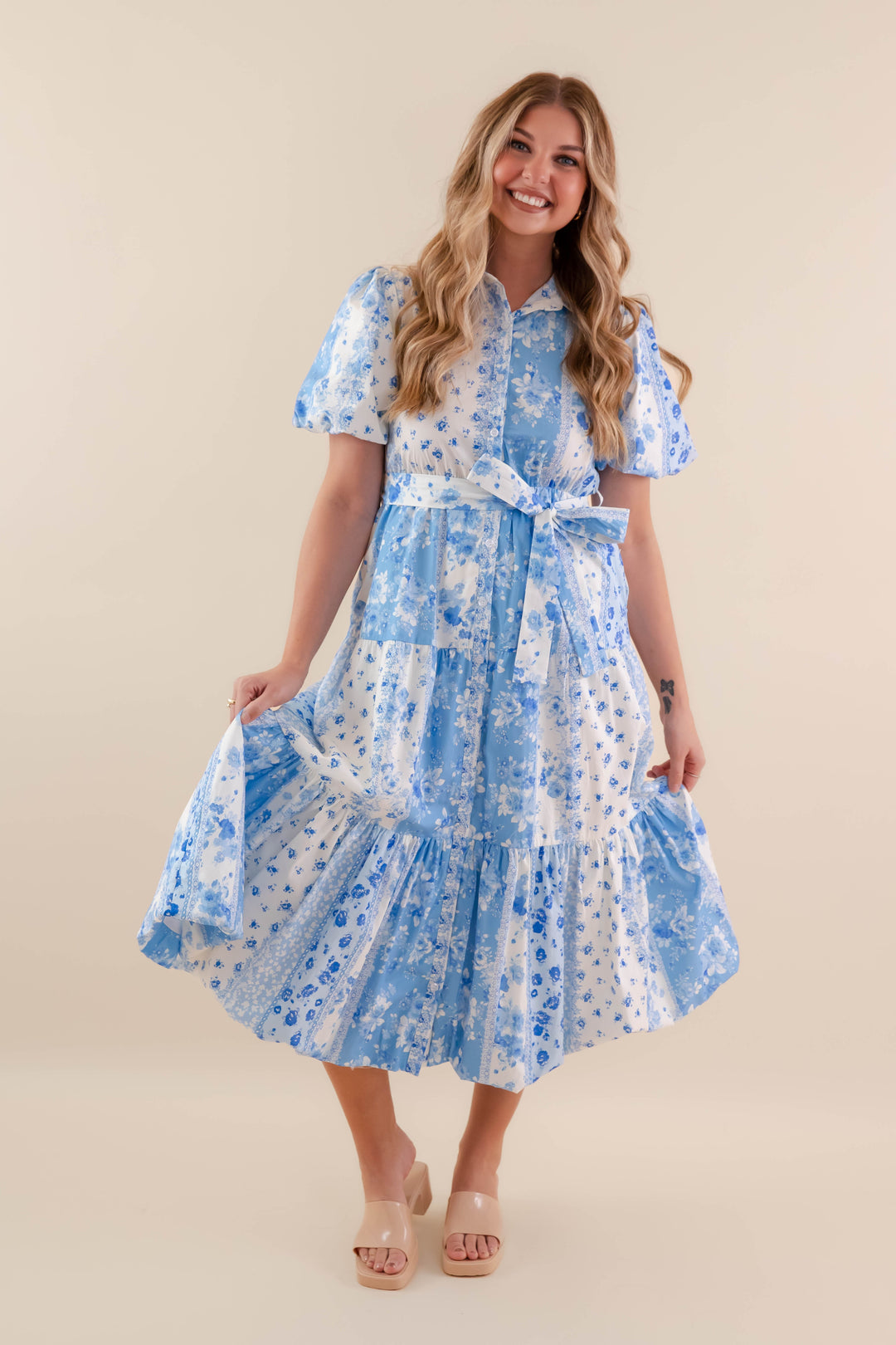 Blue and White Cotton Patchwork Midi Dress S