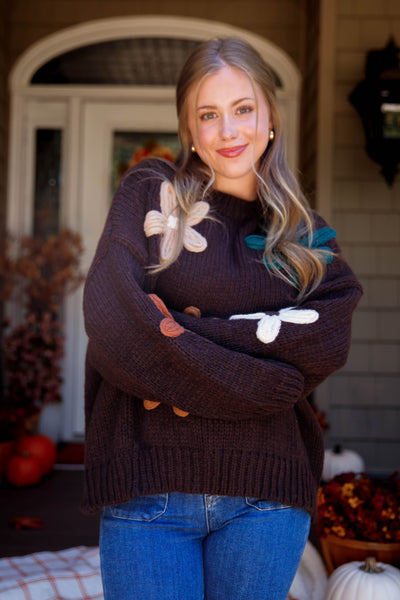 Women's Oversized Knit Sweater- 3D Knit Flower Sweater- Women's Brown Oversized Sweater