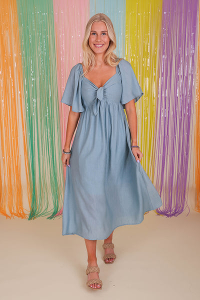 Women's Denim Blue Midi Dress- Women's Blue Summer Dress- Wedding Guest Dresses