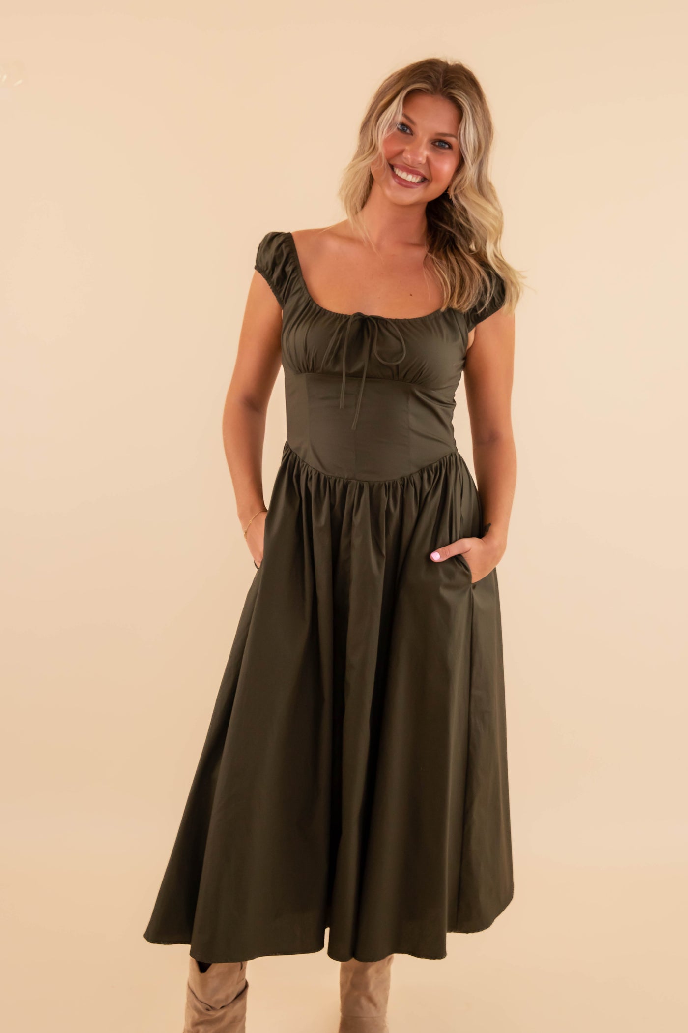 Women's Olive Midi Dress- Fitted Olive Midi Dress- Creamon Olive Dress