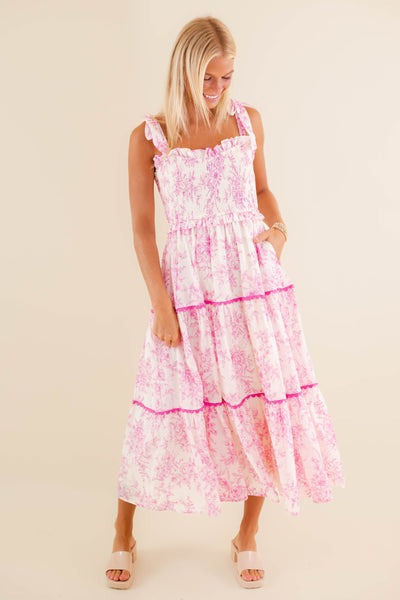 Pink Floral Tiered Midi Dress- Preppy Midi Dresses- &Merci Midi Dress