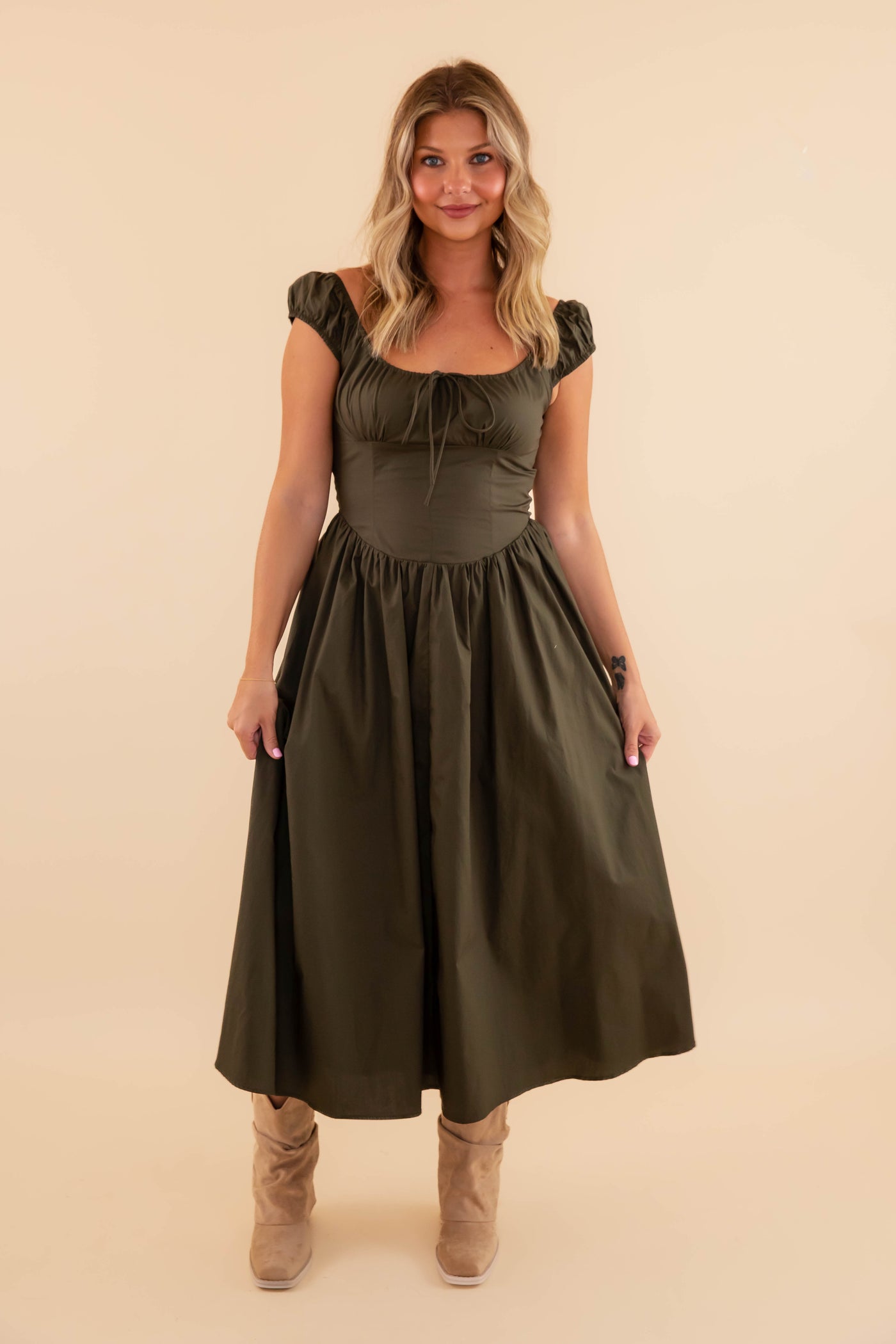 Women's Olive Midi Dress- Fitted Olive Midi Dress- Creamon Olive Dress