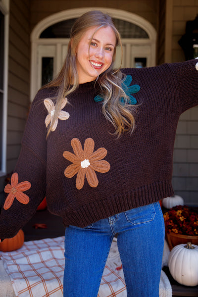 Women's Oversized Knit Sweater- 3D Knit Flower Sweater- Women's Brown Oversized Sweater