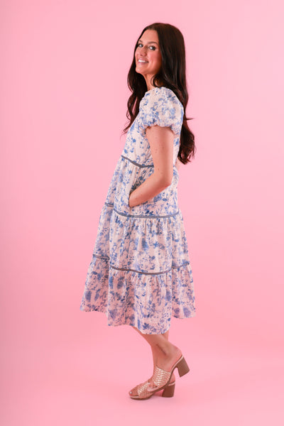 Blue Floral Midi Dress- Floral Eyelet Trim Dress- Elegant Tea Party Dress