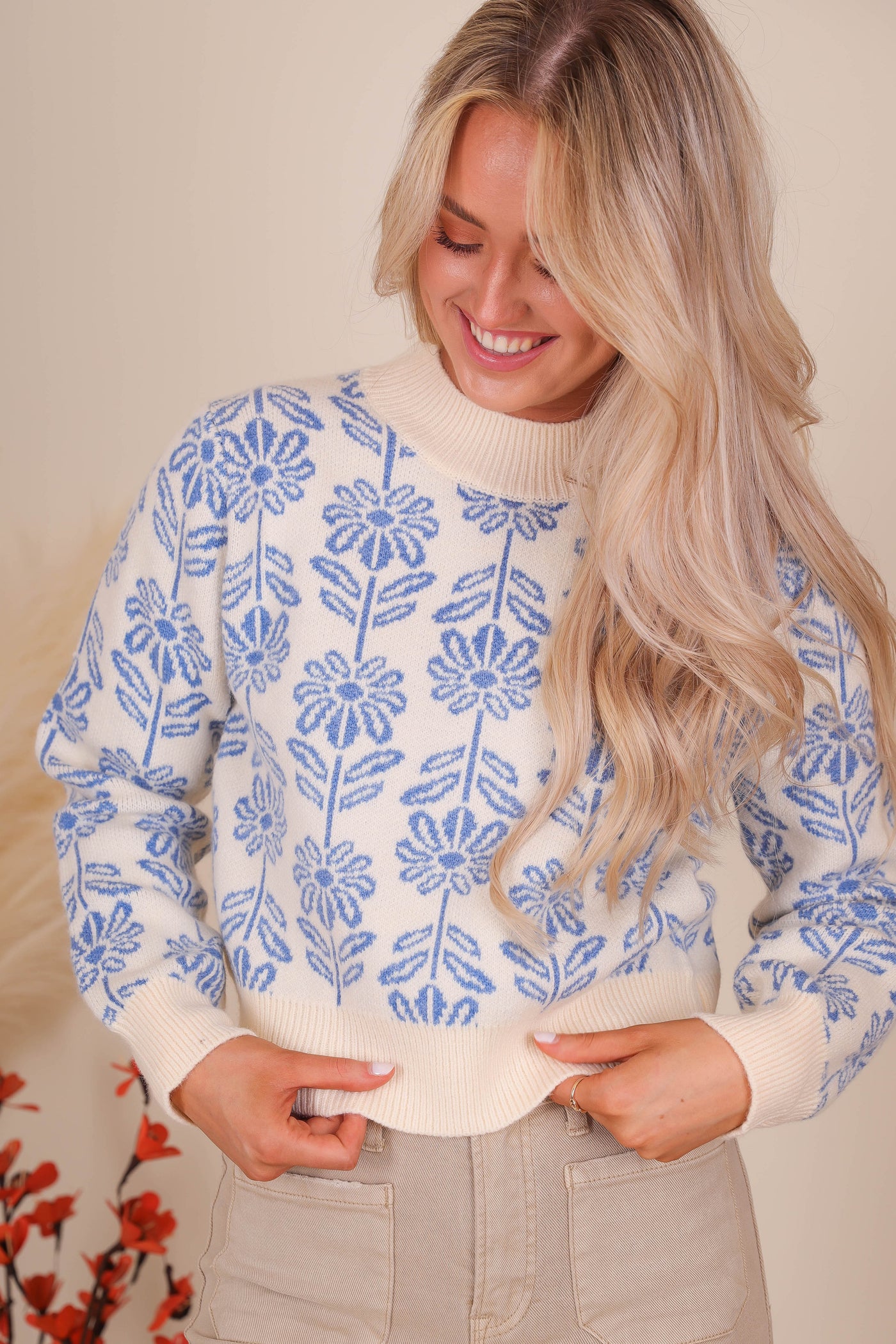 Women's Blue Flower Sweater- Women's Preppy Sweaters- &Merci Sweaters
