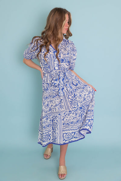 Blue And White Print Dress- Coastal Grandmother Dress- Europe Travel Dresses