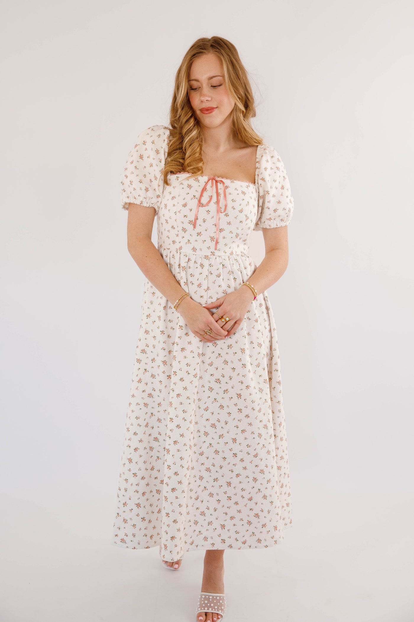 90s Inspired Floral Denim Midi Dress- Women's White Denim Floral Dress- Creamon White Floral Dress Small