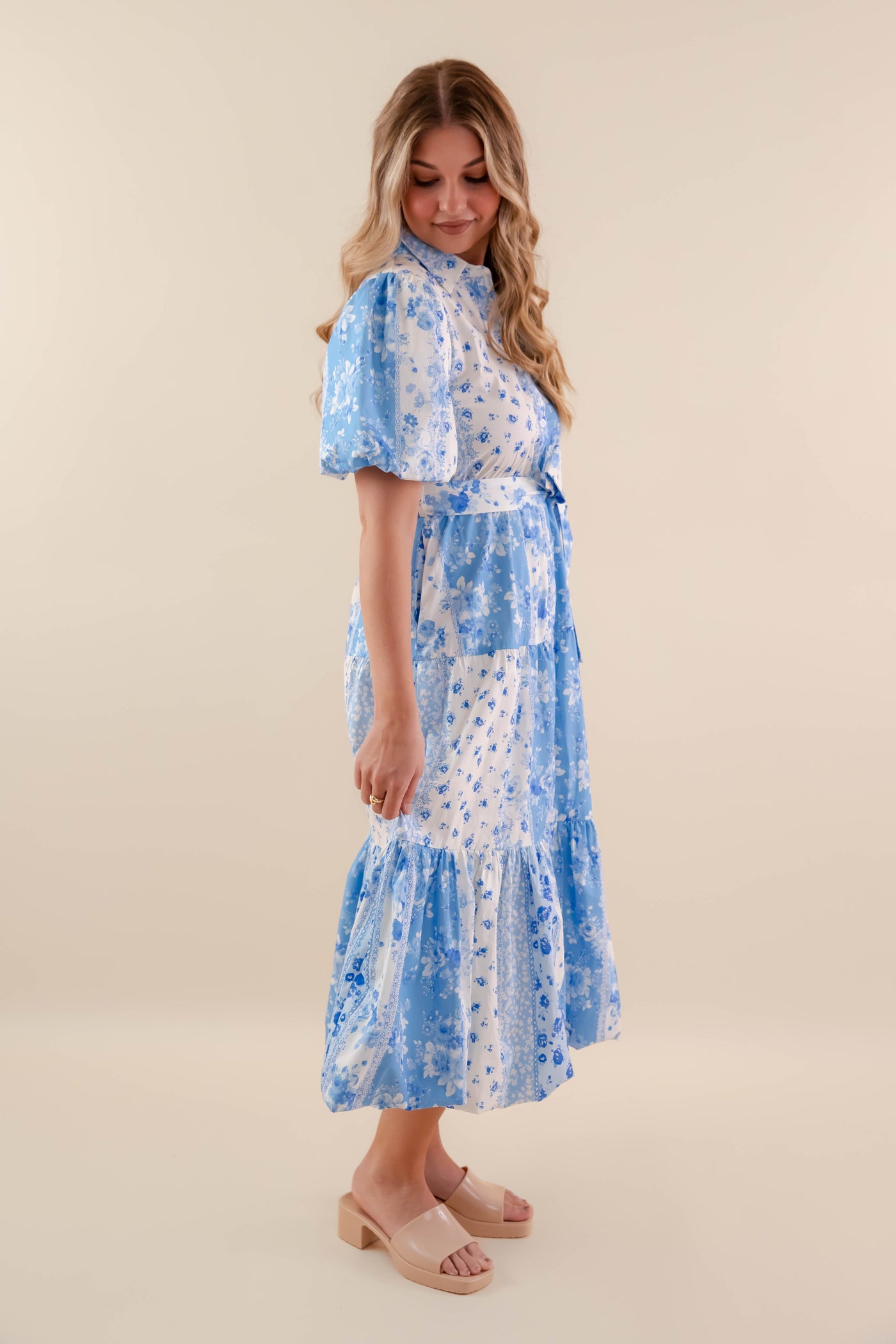 Floral Patchwork Midi Dress- Women's Blue and White Dress- PeachLove Midi Dress