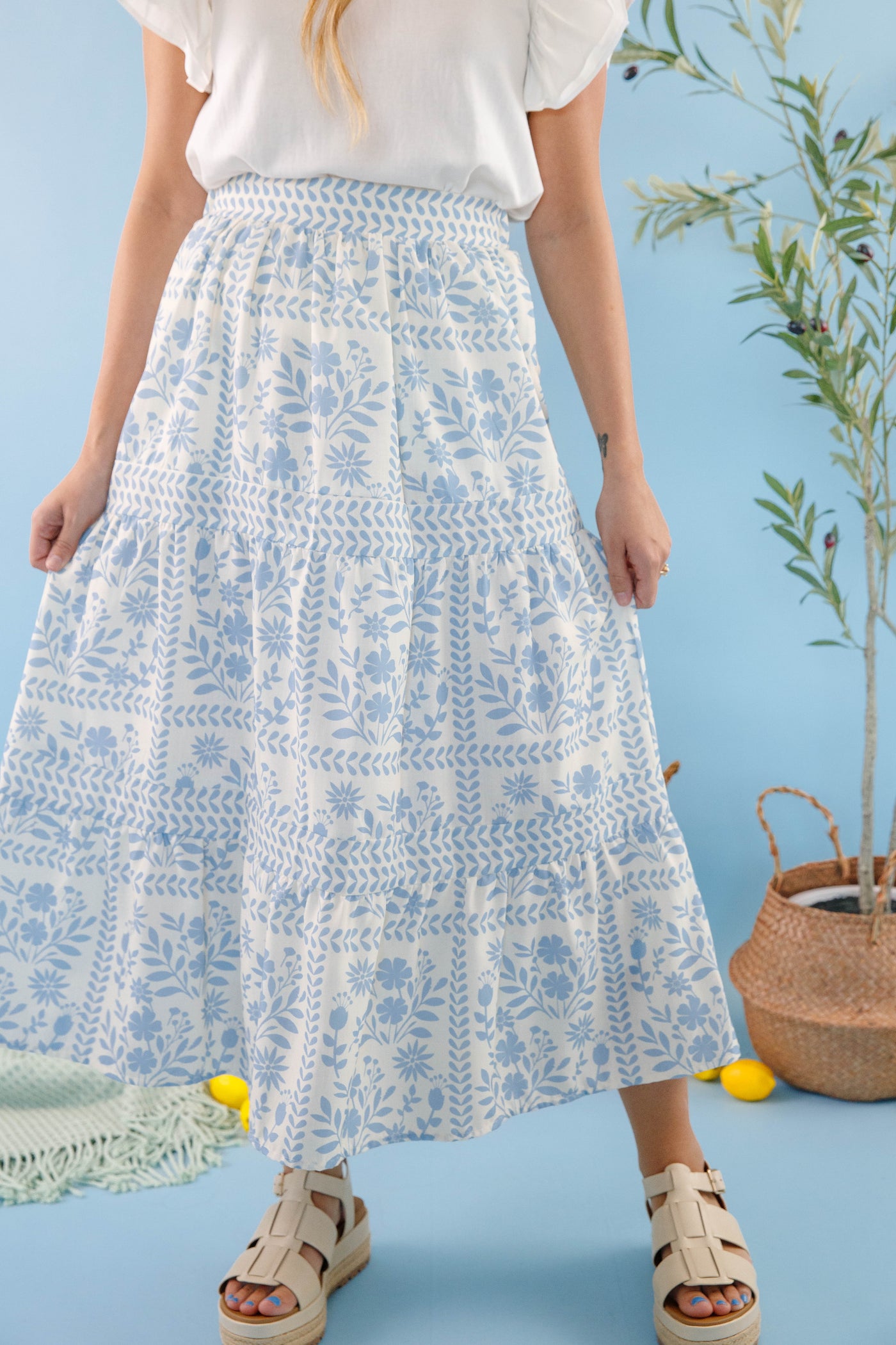 Women's Blue Floral Maxi Skirt- Blue and White Print Skirt- Women's Vacation Outfits