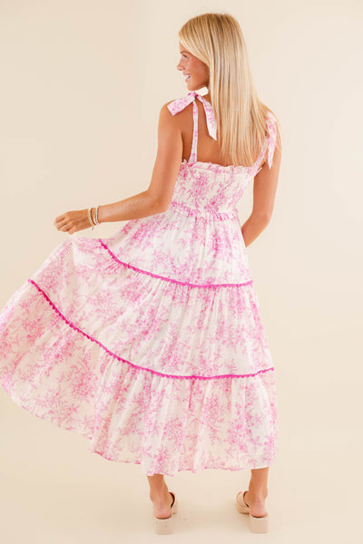 Pink Floral Tiered Midi Dress- Preppy Midi Dresses- &Merci Midi Dress