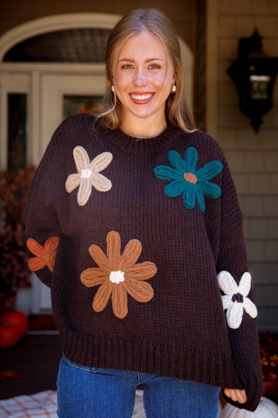 Women's Oversized Knit Sweater- 3D Knit Flower Sweater- Women's Brown Oversized Sweater