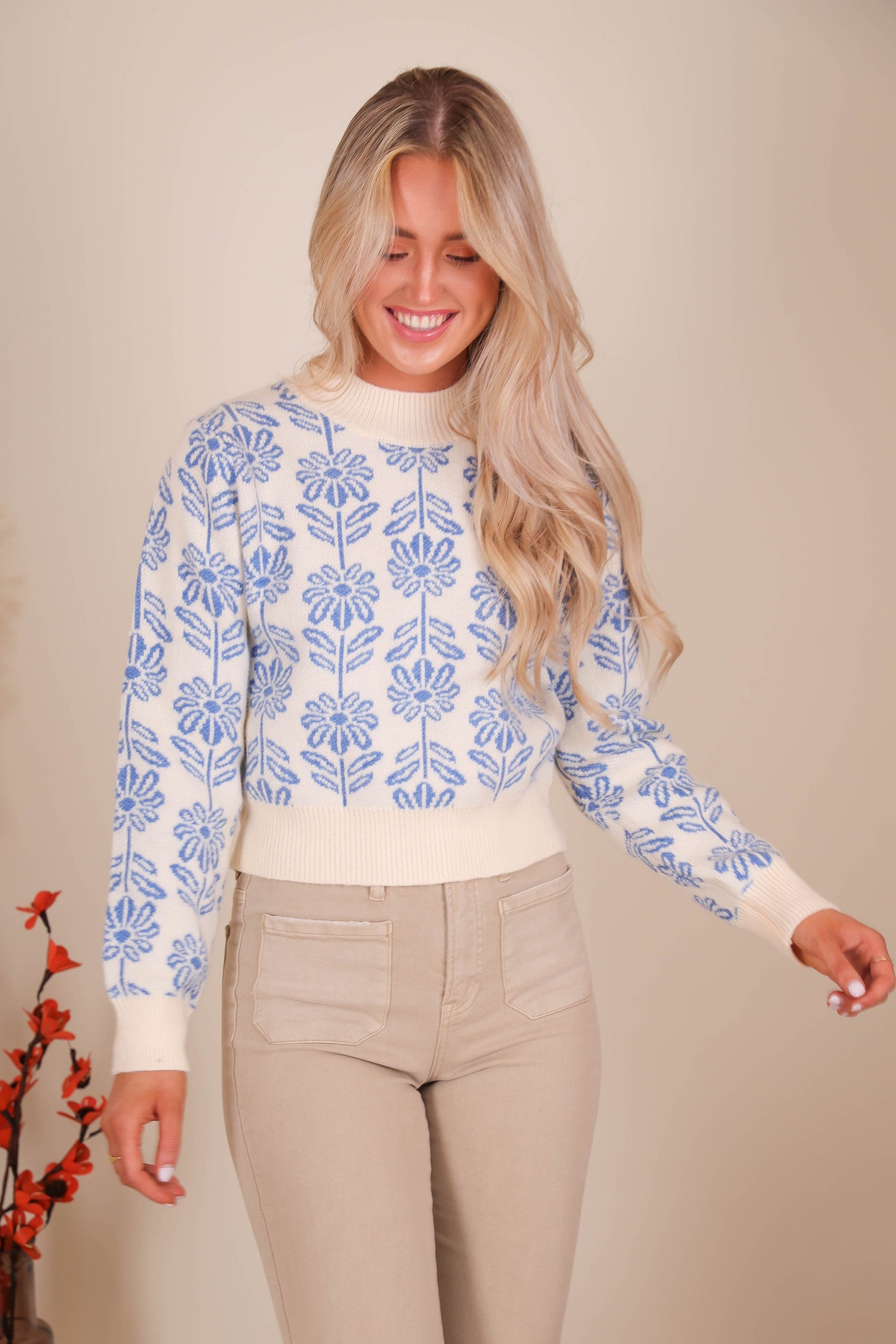 Women's Blue Flower Sweater- Women's Preppy Sweaters- &Merci Sweaters