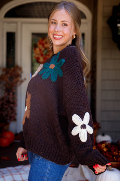 Women's Oversized Knit Sweater- 3D Knit Flower Sweater- Women's Brown Oversized Sweater