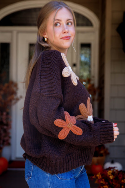 Women's Oversized Knit Sweater- 3D Knit Flower Sweater- Women's Brown Oversized Sweater