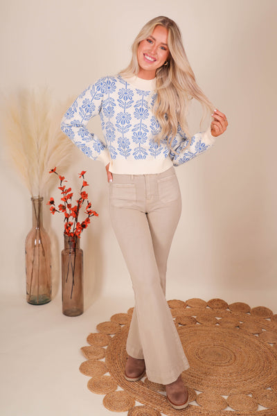 Women's Blue Flower Sweater- Women's Preppy Sweaters- &Merci Sweaters