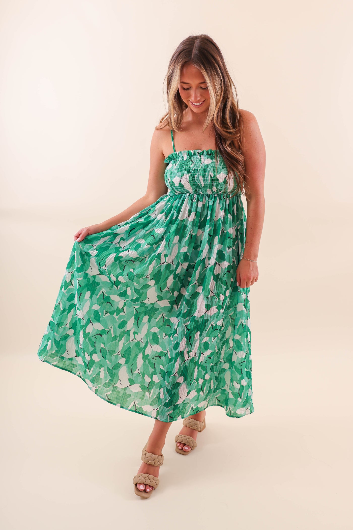 Green Leaf Midi Dress with Smocked Chest - Casual Midi Dress with Leaf Print Design
