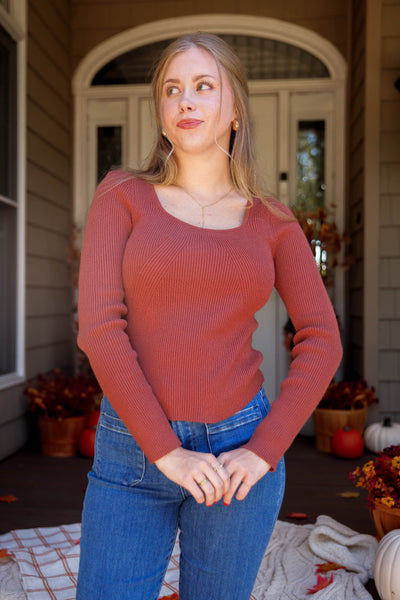 Women's Ribbed Long Sleeve- Women's Rust Basic Top- Be Cool Basic Ribbed Top