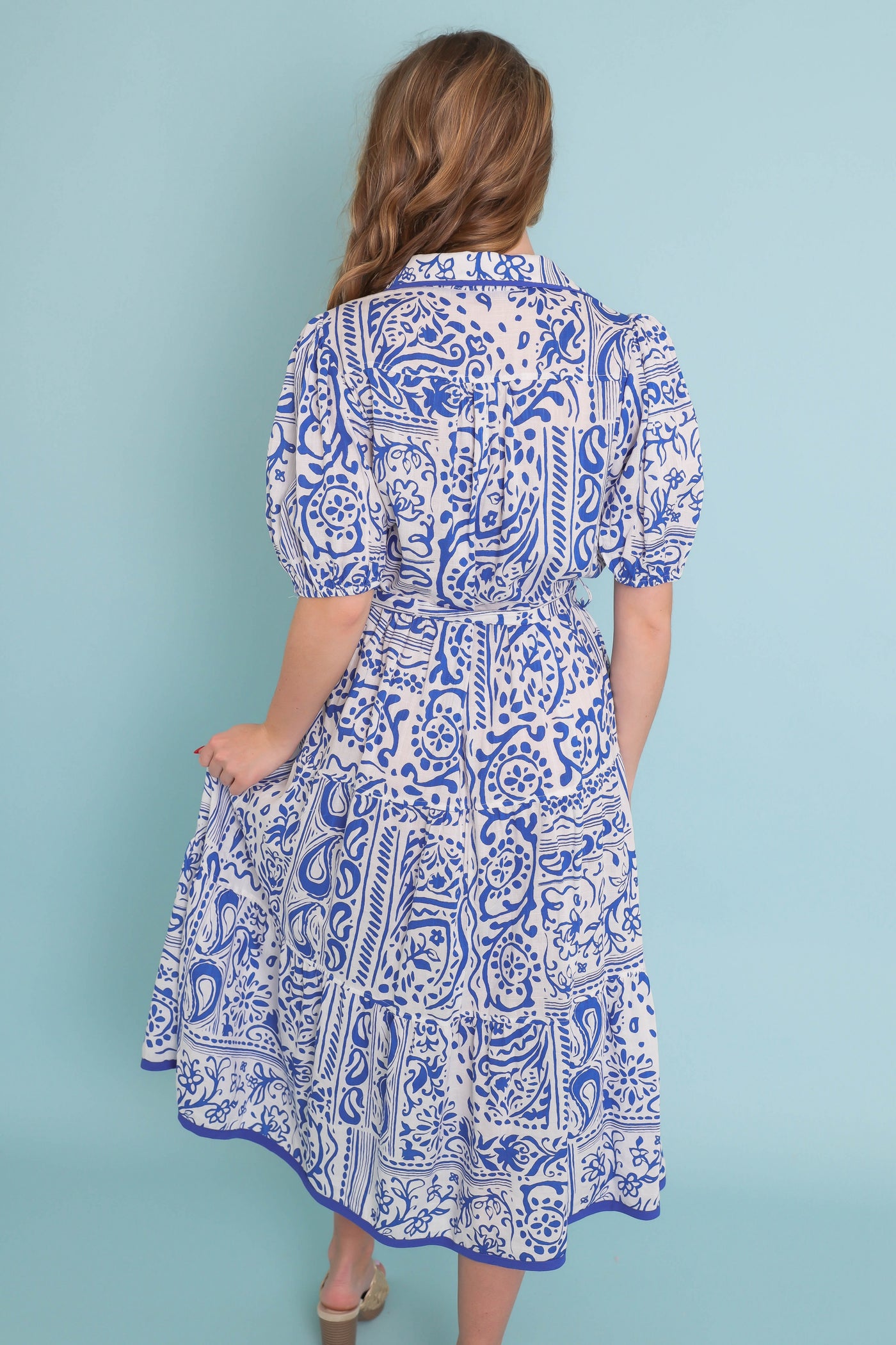 Blue And White Print Dress- Coastal Grandmother Dress- Europe Travel Dresses