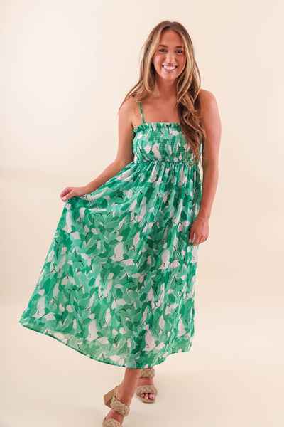 Green Leaf Midi Dress with Smocked Chest - Casual Midi Dress with Leaf Print Design