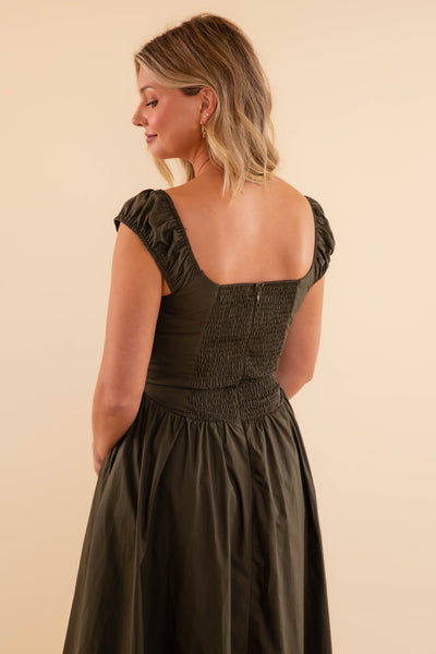 Women's Olive Midi Dress- Fitted Olive Midi Dress- Creamon Olive Dress